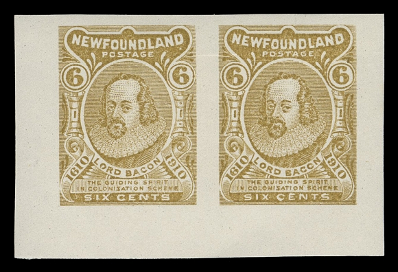 THE AFAB COLLECTION - NEWFOUNDLAND 1897-1947 ISSUES  87-95,Plate proof pairs from the Whitehead & Morris sheetlets of four, a complete set from the 1c to 10c (the 12c & 15c does not exist in the form of trial colour sheetlets), all printed in ochre on stamp paper, full original gum, hint of disturbance on 6c and 10c. A visually striking and very challenging group to assemble in the same colour, VF NH (Cat. $6,750)To anyone hoping to find a full set in one colour - only one full set in sheetlets of four (in blue) has been seen and is possibly the only one extant, making this group very impressive indeed.