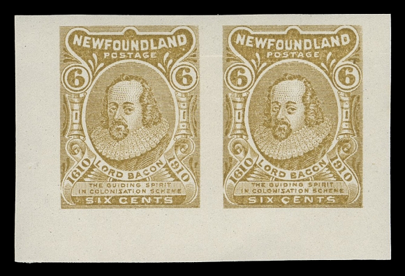 THE AFAB COLLECTION - NEWFOUNDLAND 1897-1947 ISSUES 87-95,Plate proof pairs from the Whitehead & Morris sheetlets of four, a complete set from the 1c to 10c (the 12c & 15c does not exist in the form of trial colour sheetlets), all printed in ochre on stamp paper, full original gum, hint of disturbance on 6c and 10c. A visually striking and very challenging group to assemble in the same colour, VF NH (Cat. $6,750)
To anyone hoping to find a full set in one colour - only one full set in sheetlets of four (in blue) has been seen and is possibly the only one extant, making this group very impressive indeed.
