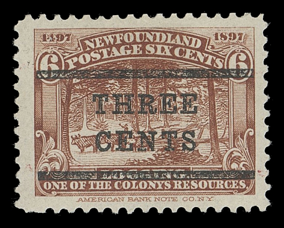 THE AFAB COLLECTION - NEWFOUNDLAND 1897-1947 ISSUES  128 footnote,A well centered mint single with surcharge essay in BLACK (Type I; bars 10½mm apart). Only one setting of 25 was printed in this colour; elusive, VF hinged