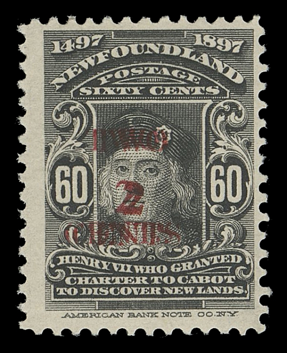 THE AFAB COLLECTION - NEWFOUNDLAND 1897-1947 ISSUES  74-E2,A bright, fresh mint single with three-line "TWO / 2 / CENTS" trial surcharge (doubled) in red, full original gum, barest trace of a hinge, Fine VLH; 1999 Greene Foundation cert.
