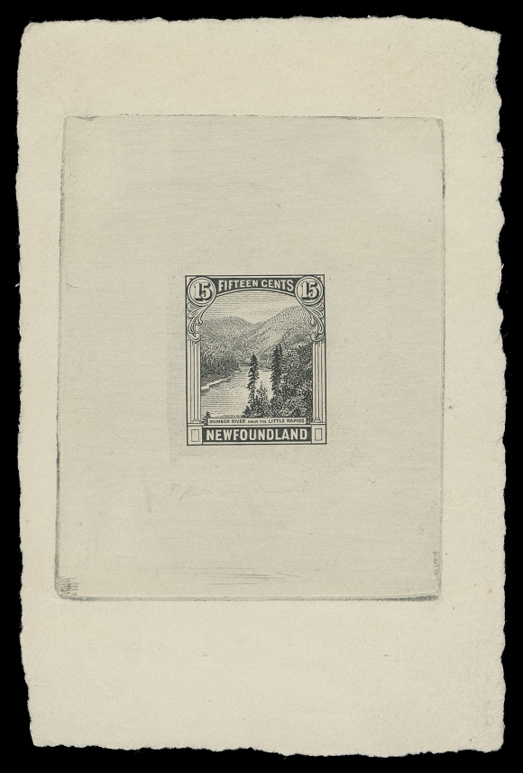 THE AFAB COLLECTION - NEWFOUNDLAND 1897-1947 ISSUES  142,Progressive Die Proof printed in dark grey on yellowish wove vertical mesh paper (0.0035" thick) 62 x 95mm, shows the full die sinkage, with unfinished shading in surrounding frames to dramatic effect. A superb proof, XF