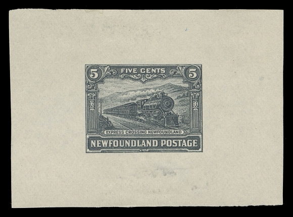 THE AFAB COLLECTION - NEWFOUNDLAND 1897-1947 ISSUES  149,Progressive Die Proof in slate black on white wove unwatermarked paper 59 x 43mm; the sky and mountain shading are too heavy, dot added in the circle at both ends of "EXPRESS CROSSING NEWFOUNDLAND" tablet, very scarce, VF