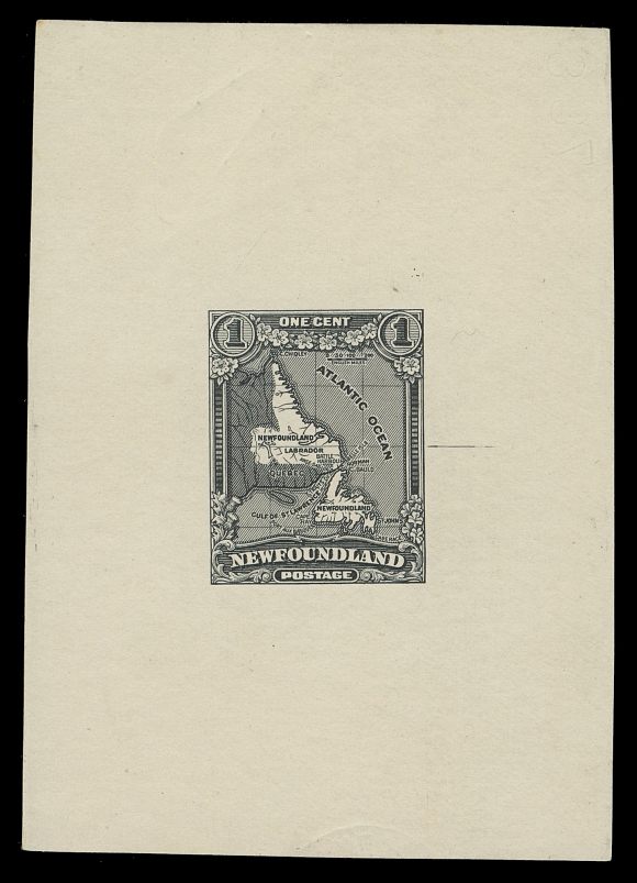 THE AFAB COLLECTION - NEWFOUNDLAND 1897-1947 ISSUES  163,Perkins Bacon Trial Colour Large Die Proof in black on white wove unwatermarked paper 57 x 80mm; the final die with guideline at right and albino reversed die number "788" at top right, a very scarce and striking proof, VF