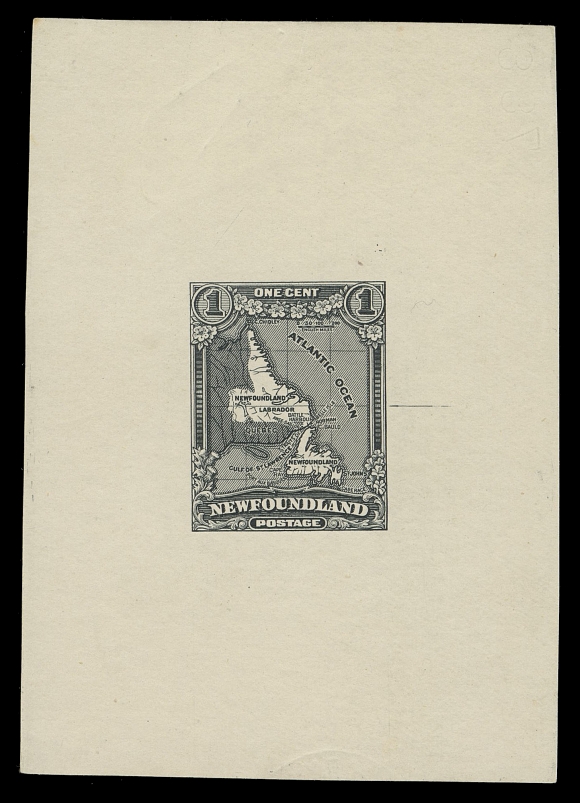 THE AFAB COLLECTION - NEWFOUNDLAND 1897-1947 ISSUES 163,Perkins Bacon Trial Colour Large Die Proof in black on white wove unwatermarked paper 57 x 80mm; the final die with guideline at right and albino reversed die number "788" at top right, a very scarce and striking proof, VF