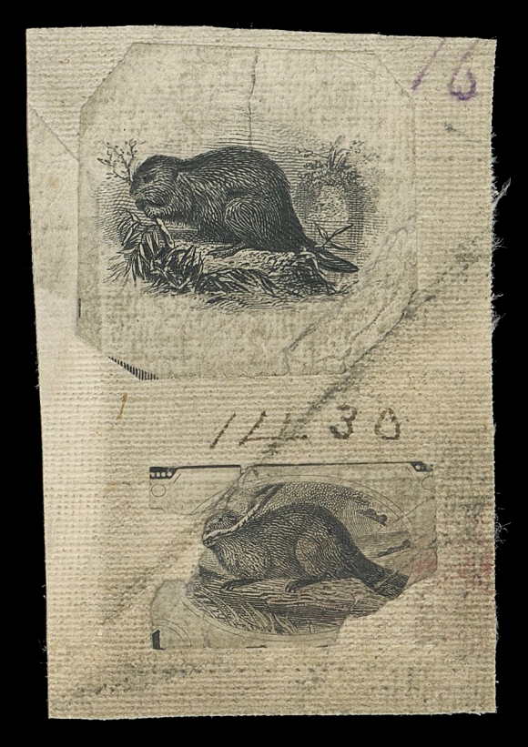 THE AFAB COLLECTION - CANADA  Undenominated master die essays of vignettes (5) engraved by the British American Bank Note Company, three different designs similar to that of the issued Beaver stamp, affixed to thin linen stock with printer
