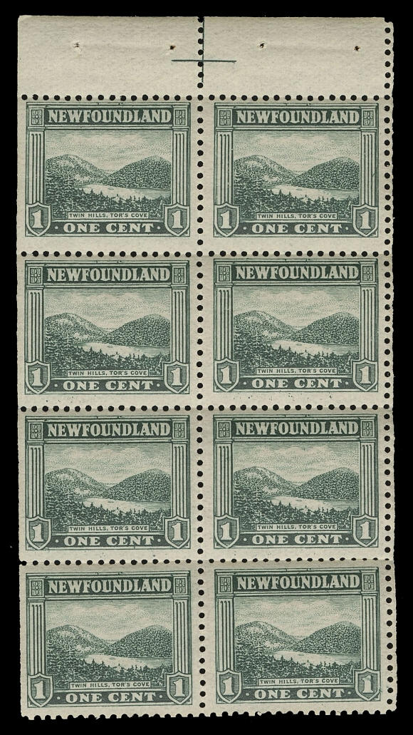 THE AFAB COLLECTION - NEWFOUNDLAND 1897-1947 ISSUES  BK1,An exploded booklet complete with covers, five two-sided advertising interleave and the three booklet panes of eight - one 1 cent and two  2 cent. Each pane shows cross guideline in tab margin - a seldom seen positional mark, characteristic clipped perfs on one or two sides and full brown original gum associated with this these difficult panes, F-VF LH