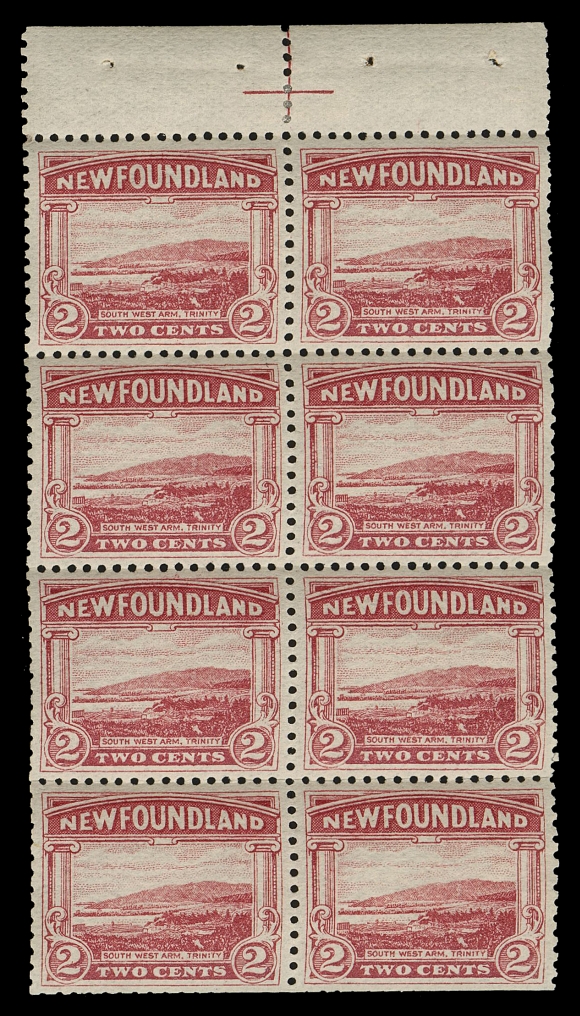 THE AFAB COLLECTION - NEWFOUNDLAND 1897-1947 ISSUES  BK1,An exploded booklet complete with covers, five two-sided advertising interleave and the three booklet panes of eight - one 1 cent and two  2 cent. Each pane shows cross guideline in tab margin - a seldom seen positional mark, characteristic clipped perfs on one or two sides and full brown original gum associated with this these difficult panes, F-VF LH