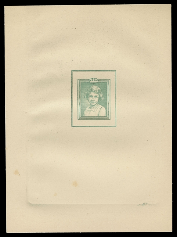 THE AFAB COLLECTION - NEWFOUNDLAND 1897-1947 ISSUES 247,Two progressive die proofs of the central vignette and surrounding frame only, printed in different shades of bluish green; first with incomplete Crown and dress on "PARCHMENT" watermarked laid paper 78 x 106mm, minute tone spots; second with complete Crown and dress on laid paper 72 x 86mm. Rare preliminary die proofs, VF
