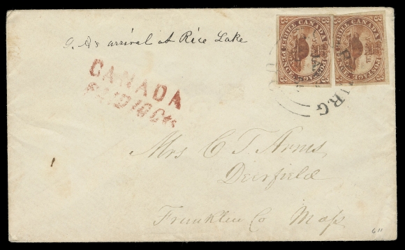 THE AFAB COLLECTION - CANADA  1855 (January 3) Envelope bearing two different printings of the  3 pence - orange red on thin hard wove paper and brown red on  medium wove paper, former in at foot, tied by single strike of  Cobourg, U.C. JAN 3 1855 double arc datestamp for 6 pence rate to Deerfield, Massachusetts, border exchange two-line CANADA / PAID 10Cts" handstamp in red; no backstamp as customary for mail to  the US. An unusual franking seldom seen tied by a postmark, F-VF  (Unitrade 4a, 4d)