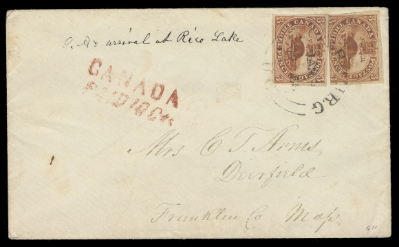 THE AFAB COLLECTION - CANADA 1855 (January 3) Envelope bearing two different printings of the 3 pence - orange red on thin hard wove paper and brown red on medium wove paper, former in at foot, tied by single strike of Cobourg, U.C. JAN 3 1855 double arc datestamp for 6 pence rate to Deerfield, Massachusetts, border exchange two-line CANADA / PAID 10Cts" handstamp in red; no backstamp as customary for mail to the US. An unusual franking seldom seen tied by a postmark, F-VF (Unitrade 4a, 4d)