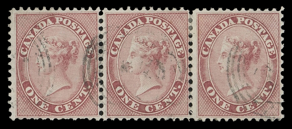 THE AFAB COLLECTION - CANADA  14v,A used horizontal strip of three showing the "E" plate flaw (Pos. 34) on middle stamp, light indistinct four-ring numeral cancels; a few trivial nibbed perfs at foot on left stamp. A scarce multiple with a listed plate flaw, Fine+