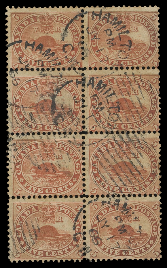 THE AFAB COLLECTION - CANADA  15,An impressive used block of eight neatly cancelled by Hamilton JY 17 66 duplex; some overall ageing, minor flaws on one stamp, a rarely seen intact used large block, Fine; ex. Sam Nickle (March 1993; Lot 247)