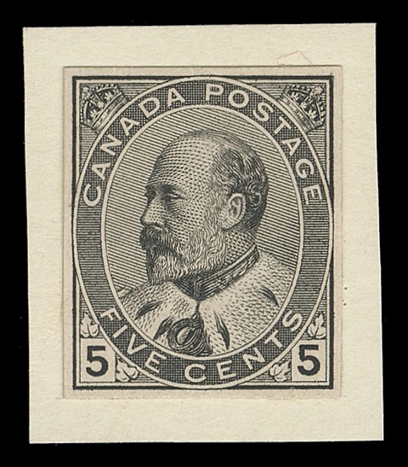 THE AFAB COLLECTION - CANADA  91,Engraved Trial Colour Small Die Proof in black, stamp size on card (0.01" thick) mounted on slightly larger card, rare, VF (Minuse & Pratt 91TC2a as stamp size)