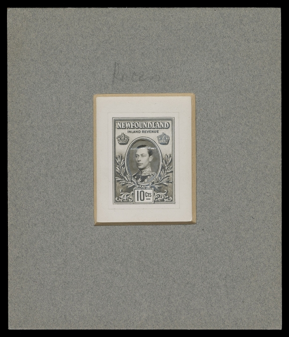 THE AFAB COLLECTION - NEWFOUNDLAND 1897-1947 ISSUES A fabulous collection of fifteen different King George VI Die Essays (ca. 1937) which were ultimately rejected in favour of the Caribou Issue. Comprising five handpainted and ten photographic essays, some of the latter group with additional watercolour around the vignette. These essays were submitted by De La Rue, Perkins Bacon & Company and Harrison & Sons Limited in an attempt to secure printing contracts for Newfoundland revenue stamps shortly after the Coronation. Most are on thick beveled cards in brown, grey, white, etc. Well displayed on pages with detailed write-up descriptions, Very Fine. A spectacular once-in-lifetime offering which once graced the John G. Butt collection. Unlisted and UNIQUE.