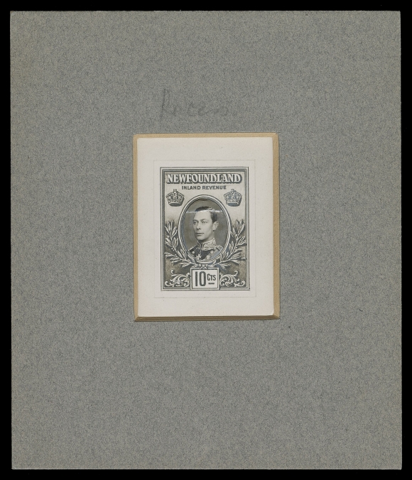 THE AFAB COLLECTION - NEWFOUNDLAND 1897-1947 ISSUES  A fabulous collection of fifteen different King George VI Die Essays (ca. 1937) which were ultimately rejected in favour of the Caribou Issue. Comprising five handpainted and ten photographic essays, some of the latter group with additional watercolour around the vignette. These essays were submitted by De La Rue, Perkins Bacon & Company and Harrison & Sons Limited in an attempt to secure printing contracts for Newfoundland revenue stamps shortly after the Coronation. Most are on thick beveled cards in brown, grey, white, etc. Well displayed on pages with detailed write-up descriptions, Very Fine. A spectacular once-in-lifetime offering which once graced the John G. Butt collection. Unlisted and UNIQUE.