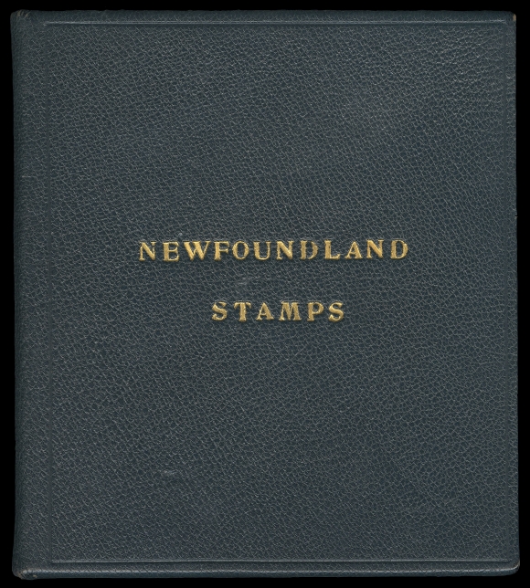 THE AFAB COLLECTION - NEWFOUNDLAND 1897-1947 ISSUES  Navy blue leather case 120 x 137mm with gold embossed "NEWFOUNDLAND / STAMPS" on front cover and "THOMAS DE LA RUE & CO LTD. LONDON" twice inside at foot, encasing two handpainted Die Essays for the intended King George VI issue of 1937, separated by a blue nylon cloth between the essays. Left side is a $100 essay in carmine and right side a 10cts essay in olive green - both with Chinese white paint throughout the design, beveled on very thick grey cards, measuring 100 x 118mm each. Without doubt the most beautiful and visually striking Printer