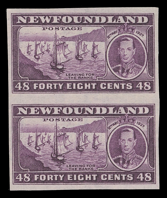 THE AFAB COLLECTION - NEWFOUNDLAND 1897-1947 ISSUES  238a/243b, 234f,Five different imperforate pairs in vertical format, deep fresh colours and ungummed as issued (except the elusive 24c blue, full OG LH); 3c is Die II with light vertical crease, otherwise VF