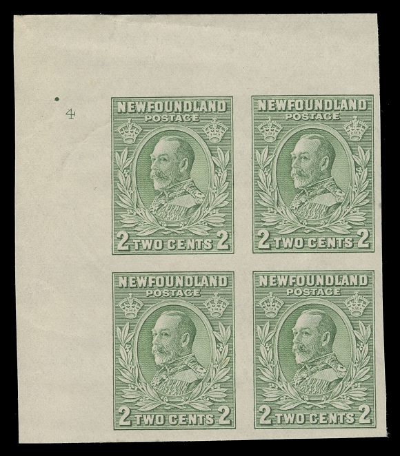 THE AFAB COLLECTION - NEWFOUNDLAND 1897-1947 ISSUES  186c, iii,Two upper left imperforate blocks with Plate "1" (reversed) and Plate "4" respectively, both with minor marginal wrinkling and ungummed as issued, very scarce, VF
