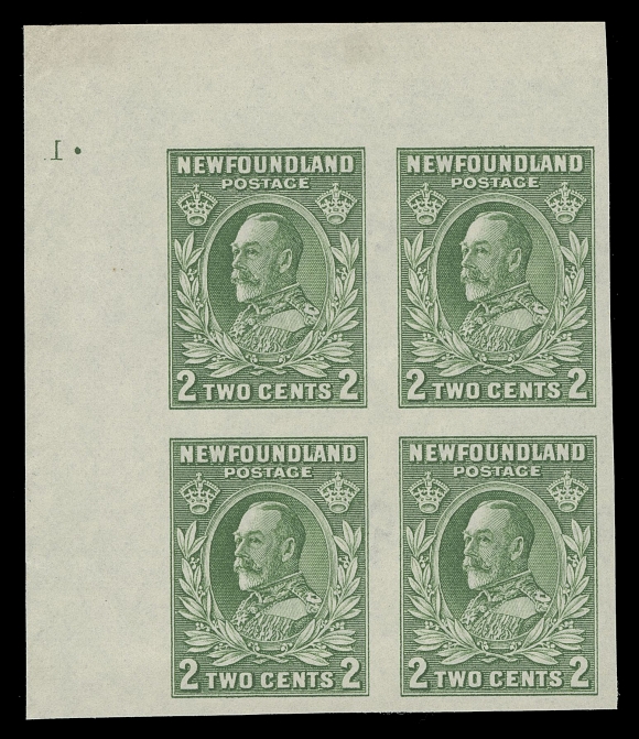 THE AFAB COLLECTION - NEWFOUNDLAND 1897-1947 ISSUES  186c, iii,Two upper left imperforate blocks with Plate "1" (reversed) and Plate "4" respectively, both with minor marginal wrinkling and ungummed as issued, very scarce, VF