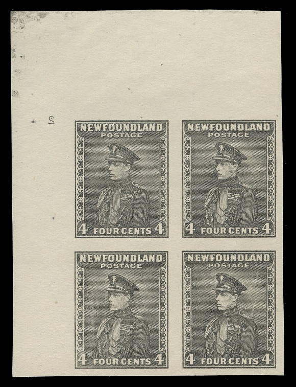 THE AFAB COLLECTION - NEWFOUNDLAND 1897-1947 ISSUES  188,Upper left trial colour plate proof block of four printed in black on bond paper, showing Plate number "2" (reversed); natural extraneous printing ink at top left. A very rare (if not unique) plate block, VF