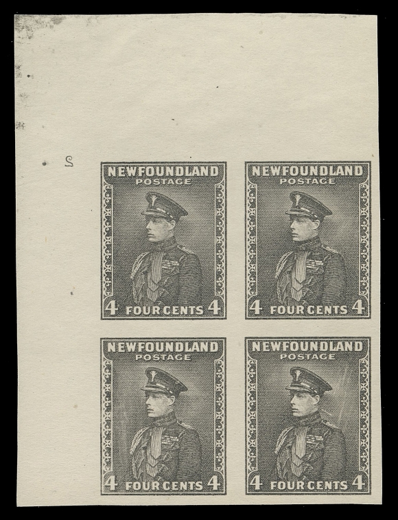 THE AFAB COLLECTION - NEWFOUNDLAND 1897-1947 ISSUES 188,Upper left trial colour plate proof block of four printed in black on bond paper, showing Plate number "2" (reversed); natural extraneous printing ink at top left. A very rare (if not unique) plate block, VF