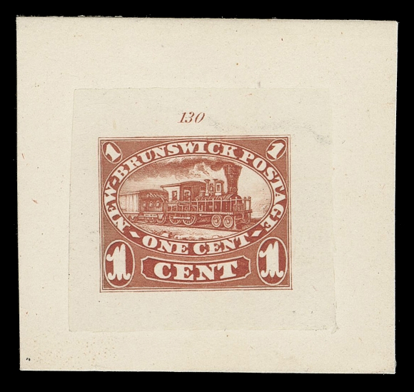 THE AFAB COLLECTION - NEW BRUNSWICK  6,"Goodall" Die Proof printed in brownish red on india paper 31 x 28mm die sunk on larger card 45 x 42mm, clear die "130" number above design, superb, XF