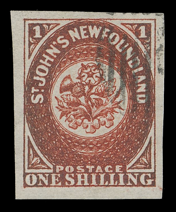 THE AFAB COLLECTION - NEWFOUNDLAND PENCE ISSUES  9,A sensational used single with enormous margins very uncharacteristic of this value, most that exist have little to no margins, displaying a well etched impression on pristine fresh paper, rich colour with light even oxidation, light unobtrusive barred cancellation. The largest margined example we have had the pleasure to offer, it has graced two of the greatest British North America collections of the 20th century; pencil signed by Enzo Diena, XF GEMExpertization: 1979 Enzo Diena and 1997 Greene Foundation certificatesProvenance: Charles Lathrop Pack, Part 1, Harmer, Rooke & Co. December 1944; Lot 232 - aptly described as "Probably the finest existing copy."                    Dale-Lichtenstein, Sale 7, H.R. Harmer, Inc., January 1970; Lot 25; where it brought US$3,700 hammer against a catalogue value then $1,400. Described "huge margins, beautiful rich impression, lightly pmkd. and superb in every respect. Probably as fine a 1sh as exists"                    Henry Schneider Collection of British America, Siegel, October 1996; Lot 268