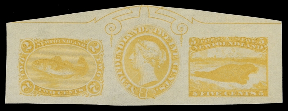 THE AFAB COLLECTION - NEWFOUNDLAND DECIMAL ISSUES  24, 25, 28,Top row from a trade sample sheet displaying three se-tenant proofs - the 2c Codfish, 12c Queen Victoria and 5c Harp Seal, engraved, printed in an amazing bright, deep yellow colour on yellowish horizontal mesh paper (0.003" thick), with large portion of ornamental margin at top; diagonal crease to 12c, an extraordinary and visually striking proof, VF (Minuse & Pratt PB-Aa)