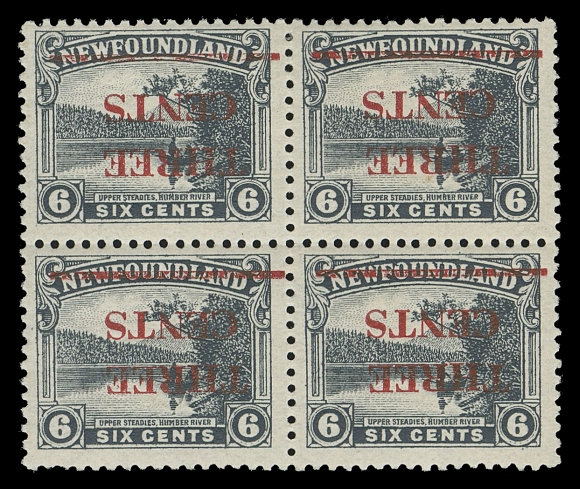 THE AFAB COLLECTION - NEWFOUNDLAND 1897-1947 ISSUES  160a,A remarkable mint block of the INVERTED SURCHARGE, bright fresh colour, barest trace of hinging at top, lower pair never hinged. Only a miniscule number of this error survive in multiples and we are unaware of a larger multiple, F-VF; 2002 Greene Foundation cert.