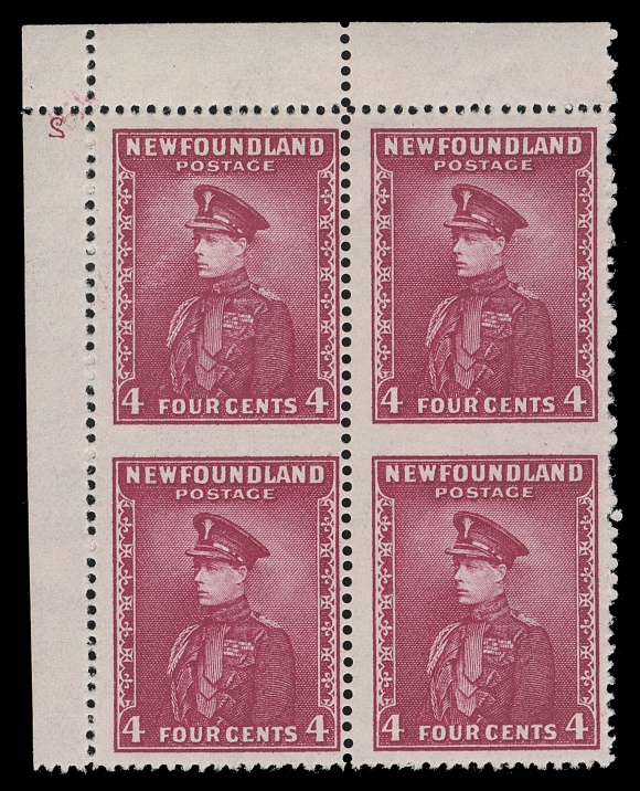 THE AFAB COLLECTION - NEWFOUNDLAND 1897-1947 ISSUES  189b,Upper left Plate "2" (reversed) mint block imperforate horizontally between stamps, lightly hinged at top. Very scarce, attractive, F-VF LH