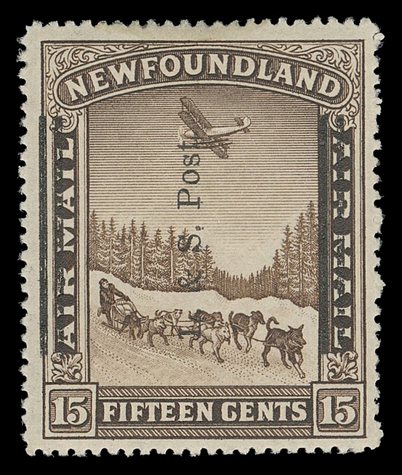 THE AFAB COLLECTION - NEWFOUNDLAND 1897-1947 ISSUES  211b,A beautiful, post office fresh mint example of the INVERTED OVERPRINT, reads up instead of down as on normal stamps, displaying radiant colour and sharp impression on bright fresh paper, well centered with intact perforations all around, light natural gum bend, full original gum, lightly hinged. A rare stamp, especially desirable in such selected condition, VF LHExpertization: 2022 Greene Foundation certificateProvenance: Sir Gawaine Baillie, Sale VII - British North America, Sotheby