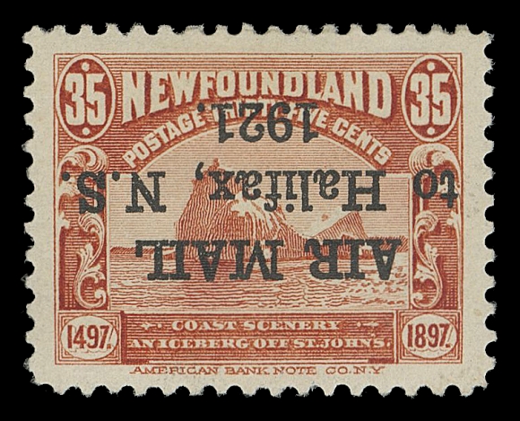 THE AFAB COLLECTION - NEWFOUNDLAND 1897-1947 ISSUES  C3i,An exceptionally well centered mint single with INVERTED OVERPRINT, originating from the best centered of the four sheets and furthermore displaying the scarcer overprint type - narrow spacing between "AIR" and "MAIL" and period after 1921, full original gum, relatively lightly hinged; three signatures on reverse including expert Herbert Bloch. An attractive example of this airmail rarity, VF LH; 2022 Greene Foundation cert. ex. "Provenance" Collection (January 1983; Lot 2040)Only four positions in the pane of 25 subjects are found with this overprint type. Thus a maximum of 16 can possibly exist with the inverted overprint. However only a mere four copies will display this inverted overprint type very well centered amid the stamp design.