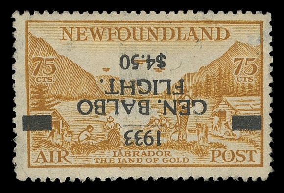 THE AFAB COLLECTION - NEWFOUNDLAND 1897-1947 ISSUES  C18a,A mint example of this rarity, one of the four repaired copies recorded by Cyril Harmer, the repairs are barely discernible to the naked eye, gum redistributed. Two airmail expert backstamps - Kessler and Sanabria. F-VF appearing (Cat. $100,000 as sound; Gibbons price for repaired example £20,000)It has been reported, upon the discovery of the errors, they were ordered to be destroyed. However, two panes of four were saved. One had been torn and subsequently expertly repaired from which this example originates.Expertization: 1989 Enzo Diena certificateProvenance: Edward M. Gilbert, H.R. Harmer Inc., New York, October 2004; Lot 109