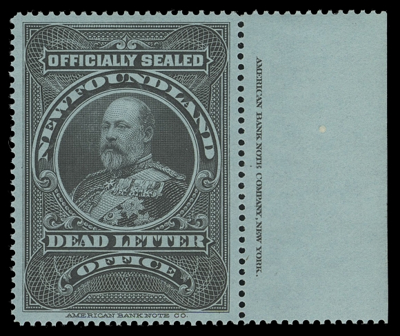 THE AFAB COLLECTION - NEWFOUNDLAND 1897-1947 ISSUES OX1,A glorious mint example in superior quality, sheet margin displays the full ABNC plate imprint, adding to its remarkable appeal, radiant fresh colour, superb centering and lightly hinged in the selvedge only, stamp with full immaculate original gum and NEVER HINGED. By far the most attractive and FINEST MINT EXAMPLE we have ever seen, XF NH GEM; 2022 Greene Foundation certificate