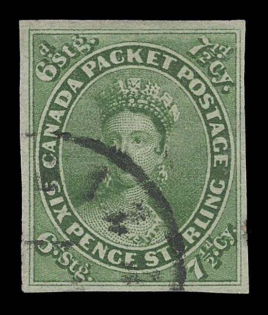 THE AFAB COLLECTION - CANADA  9,A very scarce used example with large portion of PEMBINA postmark in black; a small supply of Canadian postage stamps were sent to Red River Settlement (now part of Manitoba) and mail passed through the US via Pembina, Minnesota. Ample margins, tiny edge thin at lower right mentioned for the record, VF; clear 2010 Greene Foundation cert.