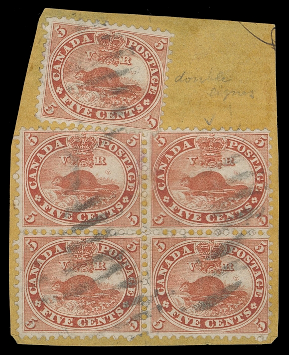 THE AFAB COLLECTION - CANADA  15v,A quite well centered block of four and single on piece, cancelled by light grids; the block features the Major Re-entry  (State 10; Position 28) at top right. It surfaced for only a few  months during 1867-1868, showing exceptional doubling throughout  entire design. One of the most sought-after plate varieties of  Canada, especially desirable in a block, VF and very scarceLiterature: Illustrated in Boggs "The Postage Stamps and Postal History of Canada" on page 204Provenance: Dale-Lichtenstein, Sale 10, H.R. Harmer, Inc., December 1970; Lot 358                   Art Leggett (Cents Issue exhibit - private sale)