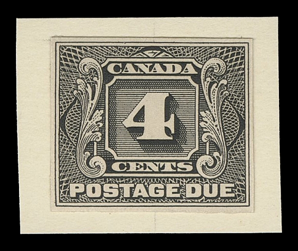 THE AFAB COLLECTION - CANADA  J1-J5,The complete set of five engraved trial colour die proofs, printed in black on card, stamp sized with ample margins all around, individually affixed to small archival cards, an extremely rare set, VF (Minuse & Pratt J1TC2a-J5TC2a as stamp size)