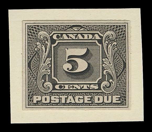 THE AFAB COLLECTION - CANADA  J1-J5,The complete set of five engraved trial colour die proofs, printed in black on card, stamp sized with ample margins all around, individually affixed to small archival cards, an extremely rare set, VF (Minuse & Pratt J1TC2a-J5TC2a as stamp size)