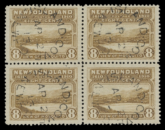 THE AFAB COLLECTION - NEWFOUNDLAND 1897-1947 ISSUES  98-103,A fabulous set of used blocks, each stamp with Island Cove split ring postmark, 15c with hinge support along perfs, well centered with deep colours, VF+