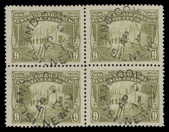 THE AFAB COLLECTION - NEWFOUNDLAND 1897-1947 ISSUES 98-103,A fabulous set of used blocks, each stamp with Island Cove split ring postmark, 15c with hinge support along perfs, well centered with deep colours, VF+