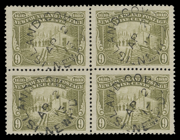 THE AFAB COLLECTION - NEWFOUNDLAND 1897-1947 ISSUES  98-103,A fabulous set of used blocks, each stamp with Island Cove split ring postmark, 15c with hinge support along perfs, well centered with deep colours, VF+