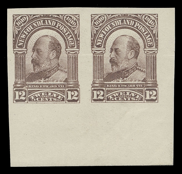 THE AFAB COLLECTION - NEWFOUNDLAND 1897-1947 ISSUES  96a,A remarkable corner margin mint imperforate pair, large margins on other sides, slight gum bend, lovely and fresh with deep colour, VF NH