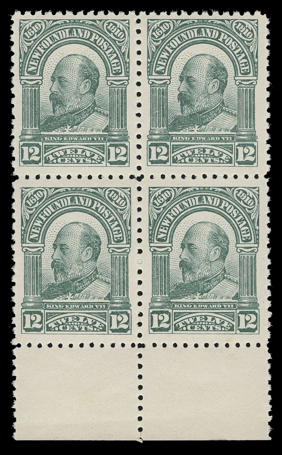 THE AFAB COLLECTION - NEWFOUNDLAND 1897-1947 ISSUES  96,Trial colour plate proof block of four printed in green on gummed stamp paper, perforated 11, an attractive and very scarce multiple, VF NH