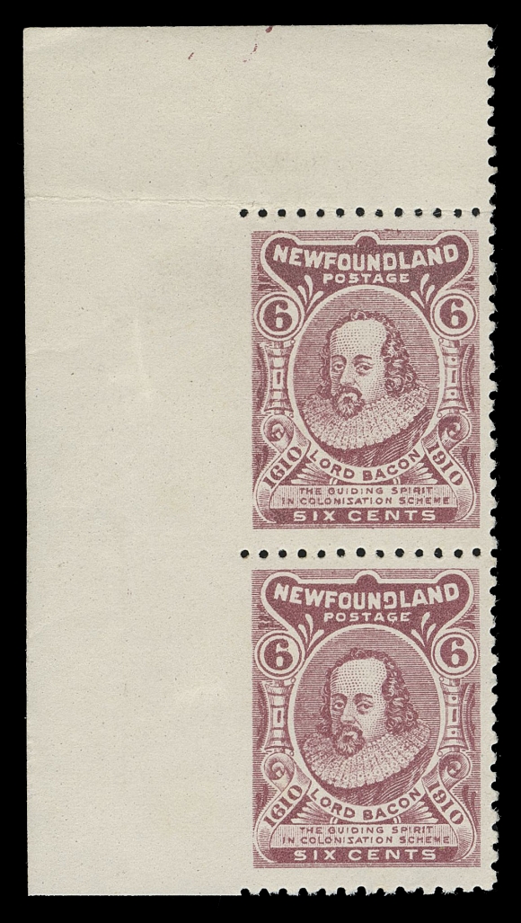 THE AFAB COLLECTION - NEWFOUNDLAND 1897-1947 ISSUES  92ii,A corner margin mint pair imperforate vertically between left margin and stamps, mild bend in left margin and very lightly hinged in top margin only, otherwise VF NH