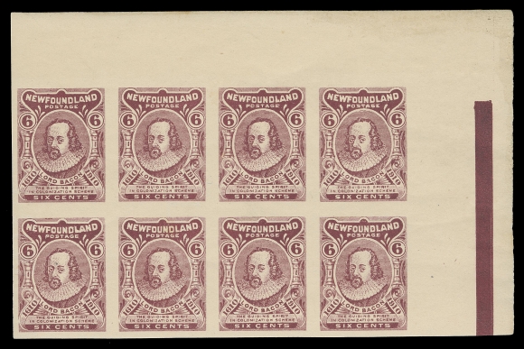 THE AFAB COLLECTION - NEWFOUNDLAND 1897-1947 ISSUES  92A, iii,Top right corner margin imperforate plate proof block of eight on thicker paper showing papermaker