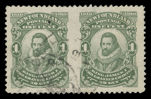 THE AFAB COLLECTION - NEWFOUNDLAND 1897-1947 ISSUES  87e,A well centered used pair imperforate vertically between, tiny thin spot at top right, partly legible St. John