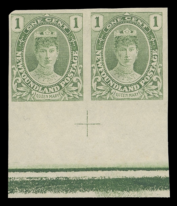 THE AFAB COLLECTION - NEWFOUNDLAND 1897-1947 ISSUES  104a, 105a,Matching lower margin imperforate pairs with centre cross guidelines, rounded corner on one cent and light natural wrinkle on two cent. An attractive duo, VF