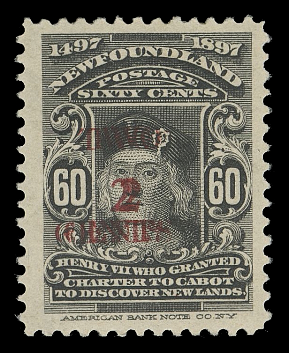 THE AFAB COLLECTION - NEWFOUNDLAND 1897-1947 ISSUES  74E-2,A choice, fresh mint single with doubled three-line "TWO / 2 / CENTS" trial surcharge in red, well centered within large margins, VF LH