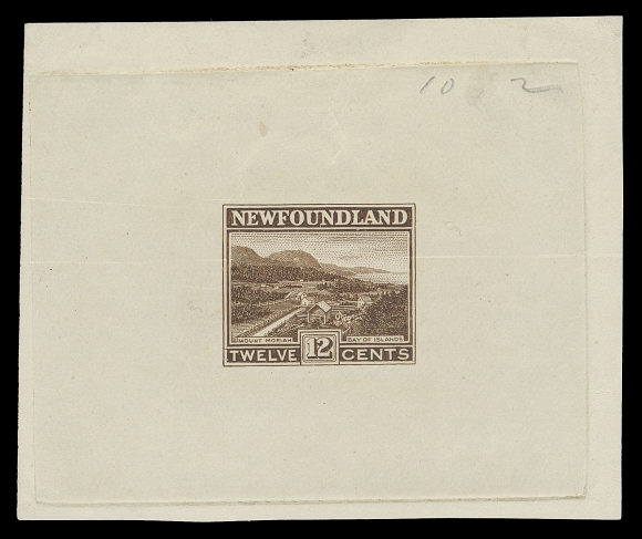 THE AFAB COLLECTION - NEWFOUNDLAND 1897-1947 ISSUES  141,Progressive Die Proof printed in brown on white wove unwatermarked paper 68 x 57mm; incomplete design with no horizontal shading lines around "12" value tablet, full die sinkage, light pencil notation "10 2" at top right, very scarce, VF