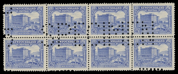 THE AFAB COLLECTION - NEWFOUNDLAND 1897-1947 ISSUES  168,A fresh mint block of eight displaying the large perforated SPECIMEN, small portion of a second SPECIMEN (reading up) is shown at left, five stamps are NH, scarce, VF LH